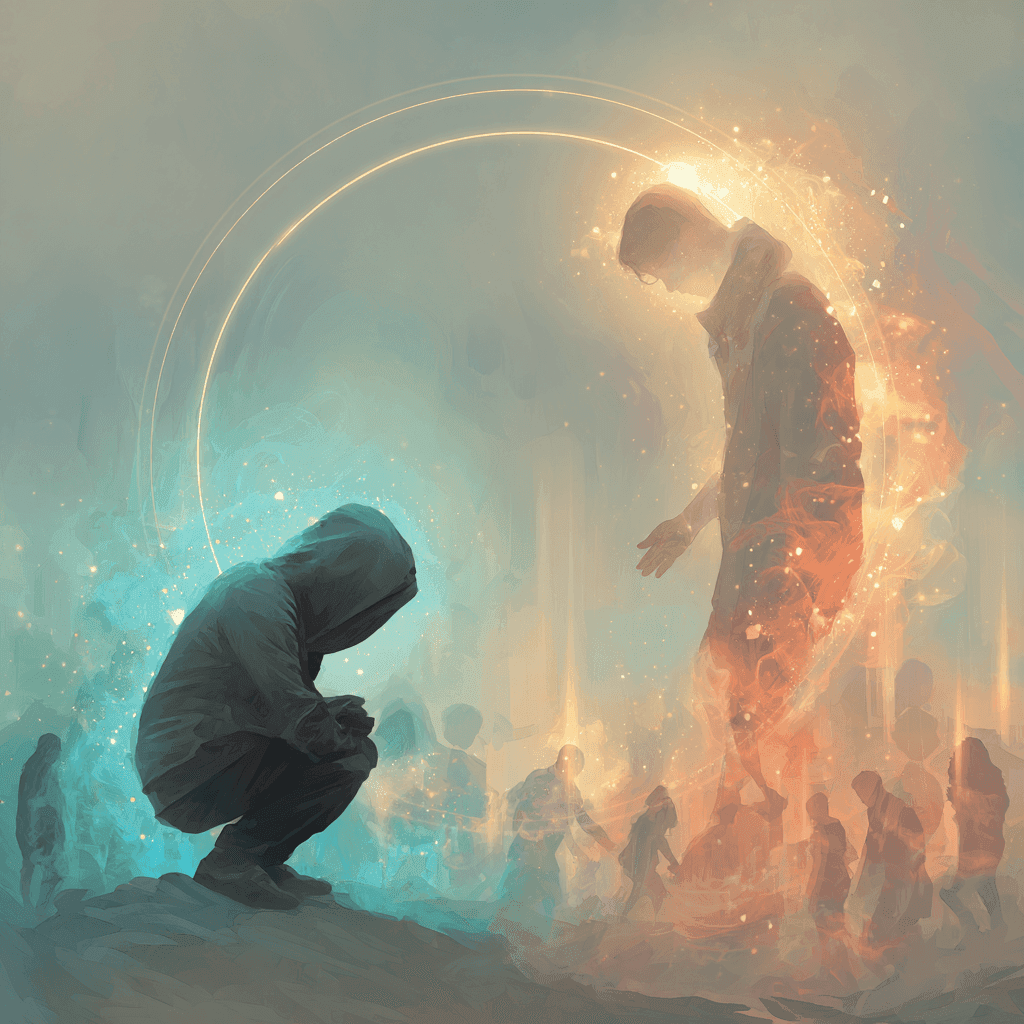 A cinematic, emotionally evocative digital painting depicting a symbolic identity transformation: on one side, a translucent figure cloaked in shadows, curled inward under a pale, heavy mist representing fear of judgment. On the other side, the same figure now upright and radiant, surrounded by an interconnected circle of glowing, human-like auras reaching out in solidarity. The backdrop shifts from cold, desaturated greys to a warm, ethereal skyline filled with soft light beams, pastel golds, luminous teals, pearlescent whites, and gentle coral tones. Energy particles ripple from the center symbolizing "the leap" with a halo-like arc bridging the two versions of the self. High contrast between vulnerability and grounded authority. Art style: semi-realistic with spiritual undertones, painterly brushwork, ambient glow. Include depth of field, soft focus background, natural light flares. no cartoon elements, professional composition.