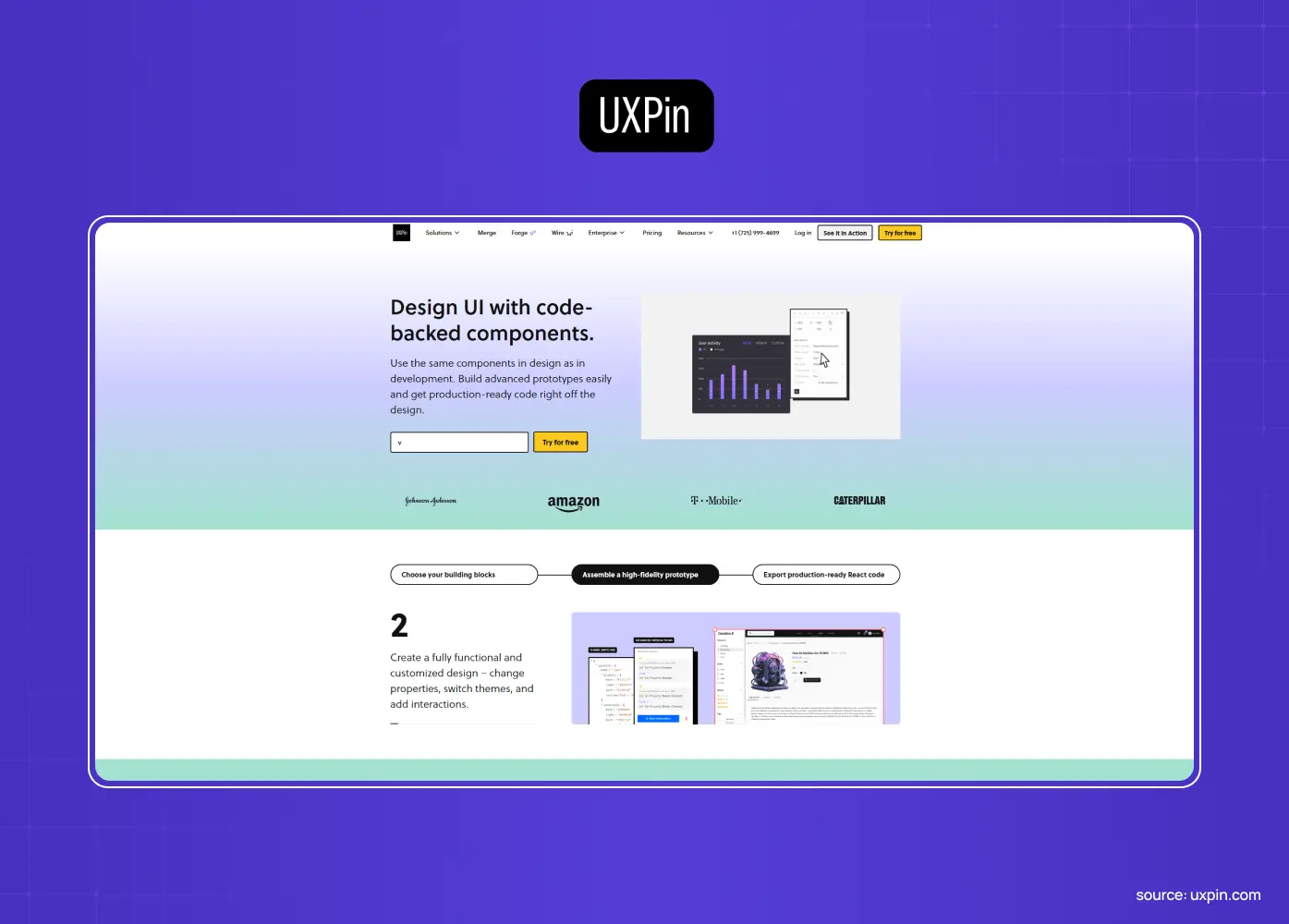 Screenshot of UXPin showcasing its code-backed UI design and prototyping platform for building interactive, production-ready interfaces.