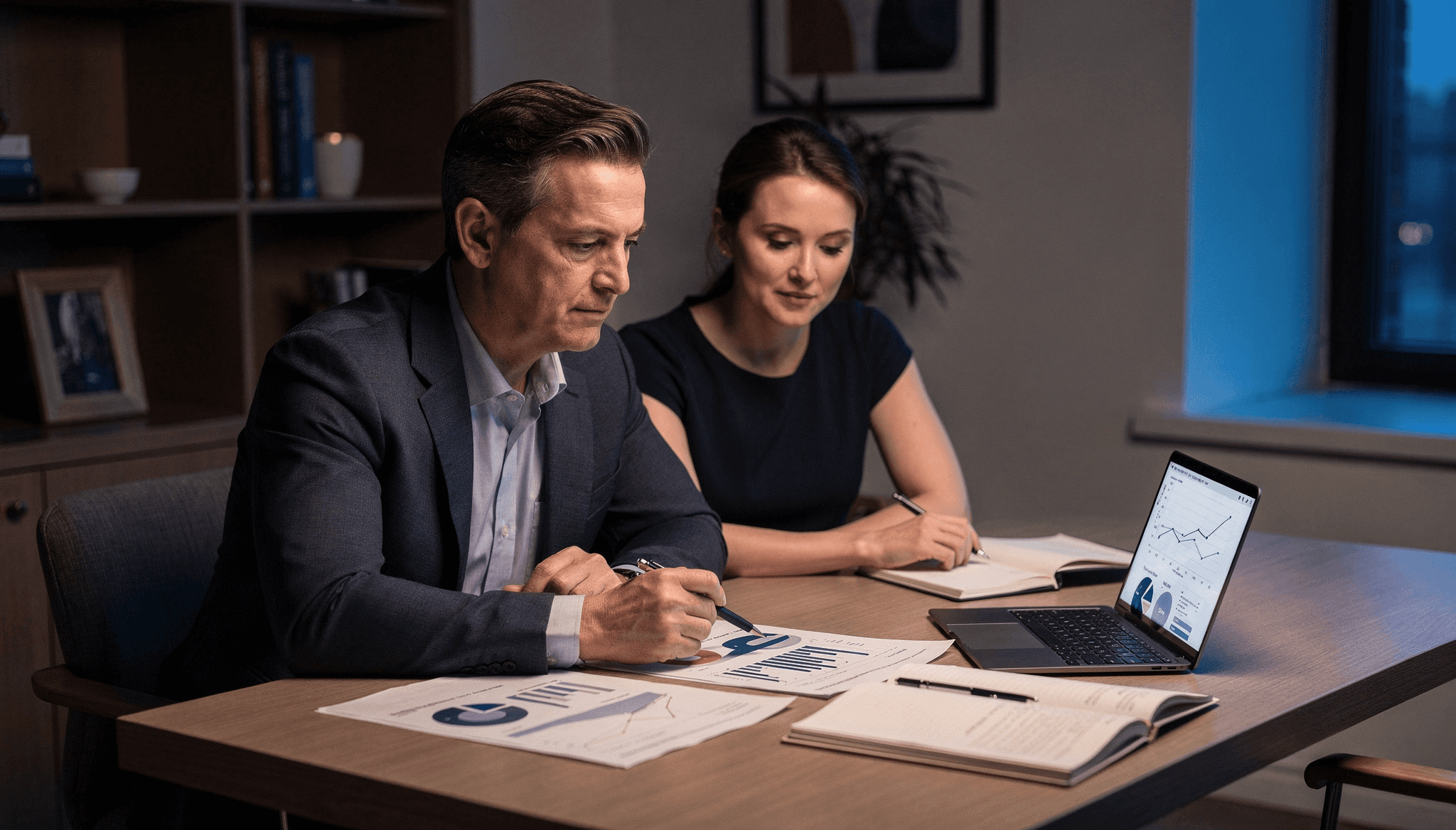 Man and woman reviewing paperwork together at a table with a laptop
