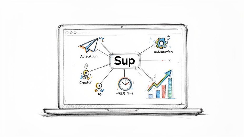 A hand-drawn laptop displays a 'Sup' mind map connecting automation, creator, and efficiency.