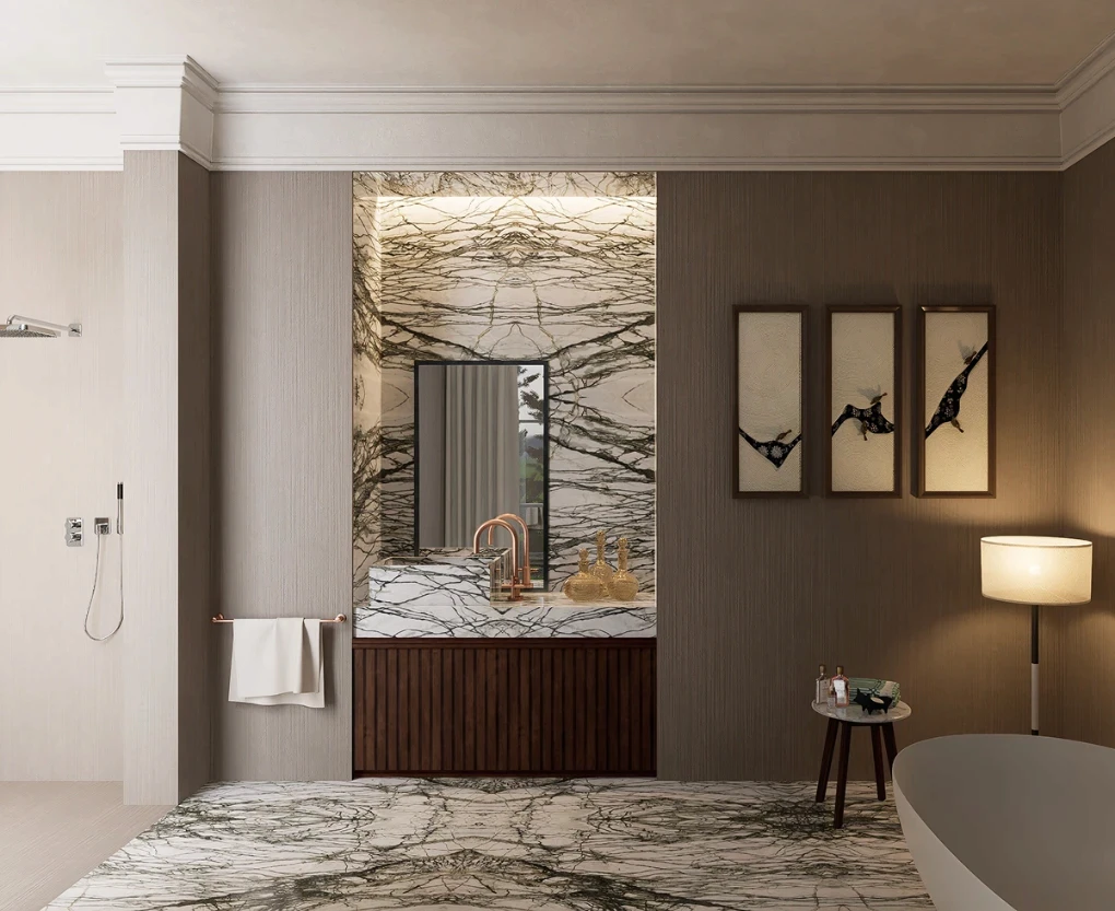 Bagno moderno con dettagli in marmo Calacatta Verde, caratterizzato da tonalità bianche e venature verdi intense, arricchito da arredi contemporanei e un'atmosfera raffinata.