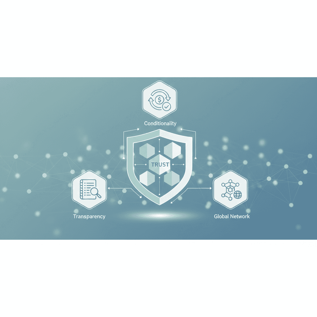  A conceptual diagram on a soft blue-green background with a subtle network mesh pattern. At the center is a shield icon labeled "TRUST," symbolizing secure payments. Three hexagonal icons representing key pillars surround the shield