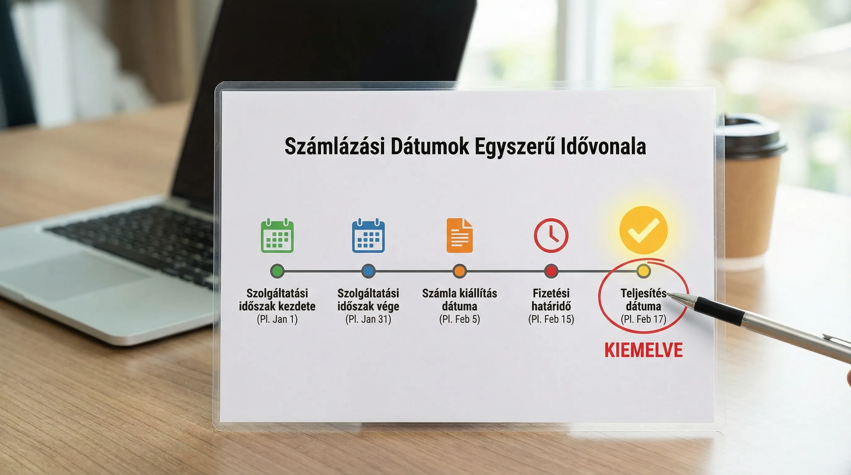 Egyszerű idővonal a számlázás dátumaihoz: szolgáltatási időszak kezdete és vége, számla kiállítás dátuma, fizetési határidő, valamint a teljesítés dátuma kiemelve.