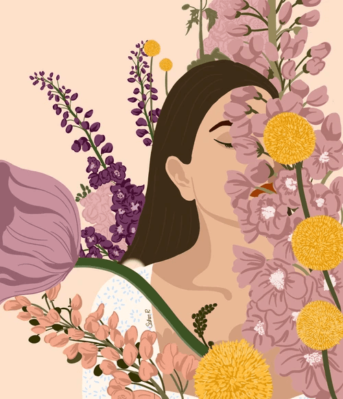 Hand-drawn sketch showing a woman surrounded by flowers.