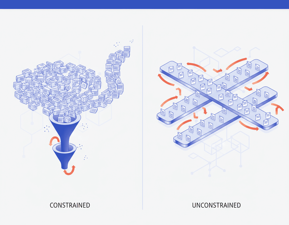 Diagram contrasting a bottlenecked narrow funnel workflow with a wide parallel conveyor for limitless bulk edits.