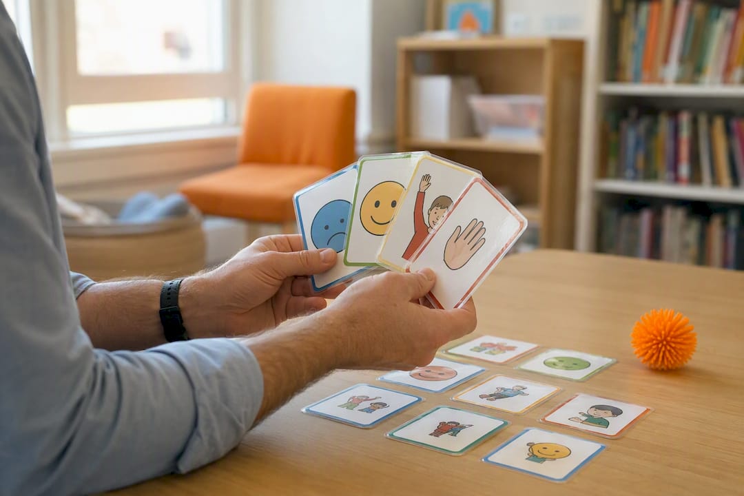 Manos sosteniendo tarjetas de comunicación para autismo
