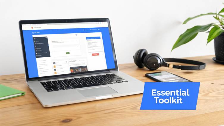 A modern workspace with a laptop displaying an online platform, a smartphone, headphones, and a plant on a wooden desk.