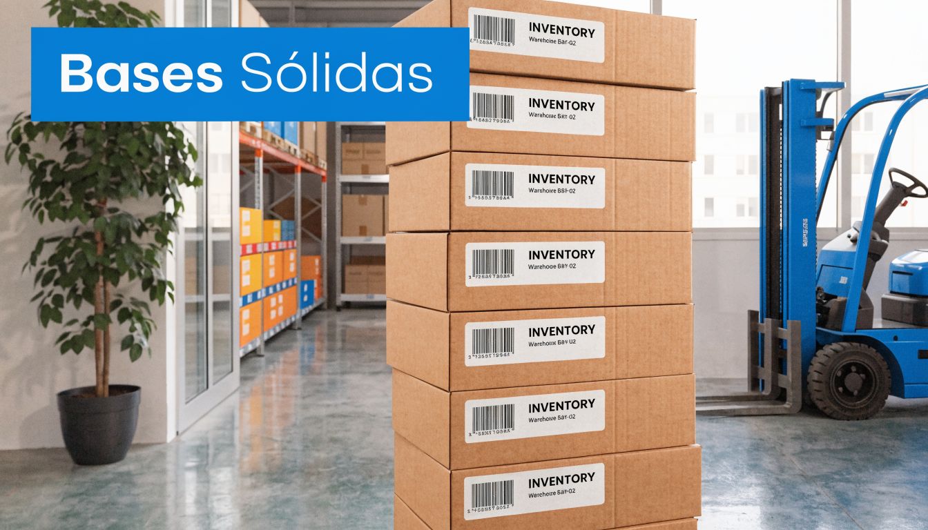 Una torre de cajas de cartón en un almacén con una carretilla elevadora al fondo.