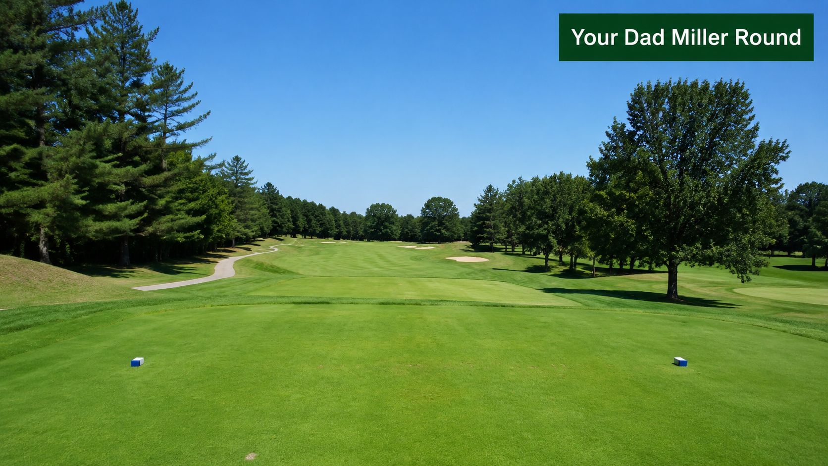A wide view of a lush green golf course fairway from the tee box.