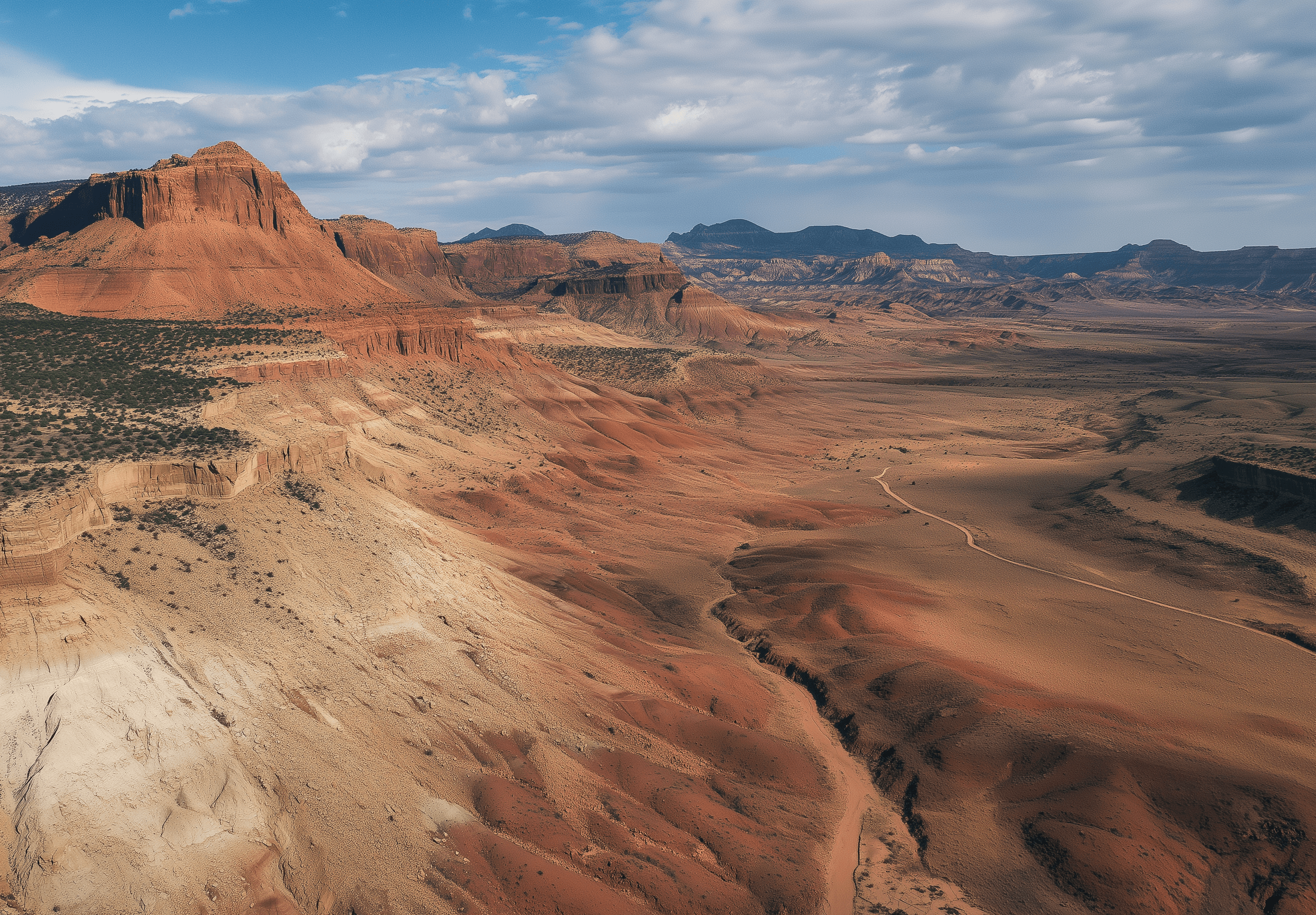 Aerial view of a red desert landscape, aerial photography in the style of Mark Hocus, with a white and blue background, bold colors, geometric patterns, red rocks, high contrast, wide-angle lens, natural light, abstract art style.