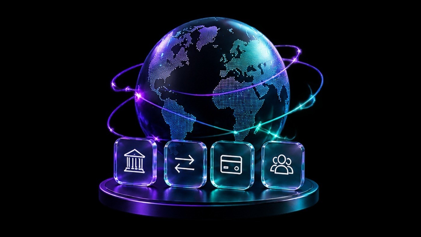 A glowing globe with payment routes connecting continents