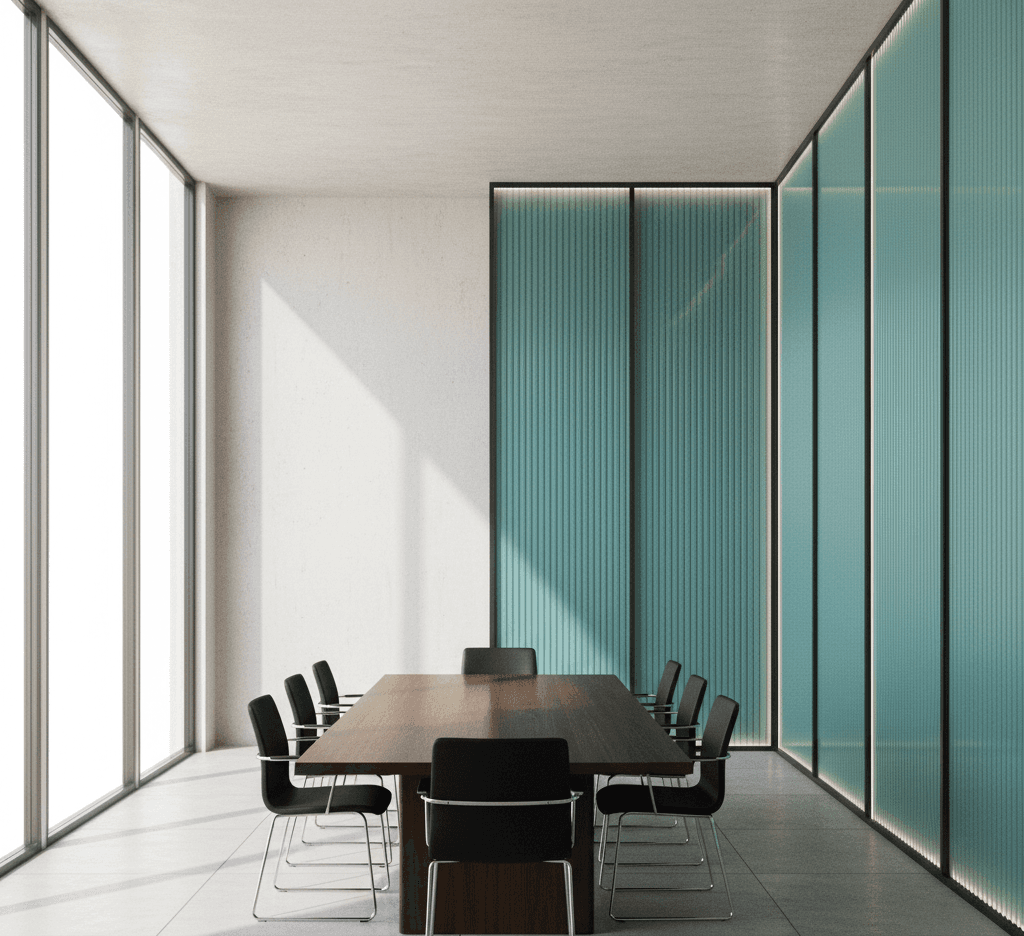 Minimal conference room with a long table, modern chairs, and floor-to-ceiling glass walls in a contemporary office