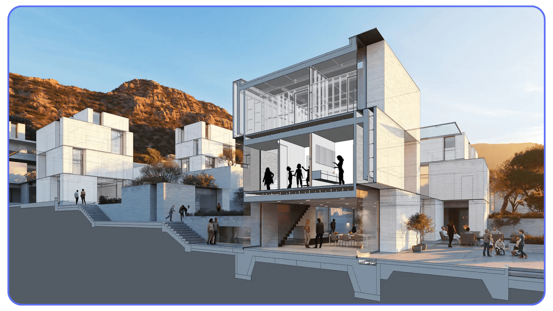 A modern architectural rendering of a multi-level residence with a cutaway section showing interior silhouettes, set against a mountain landscape during golden hour.