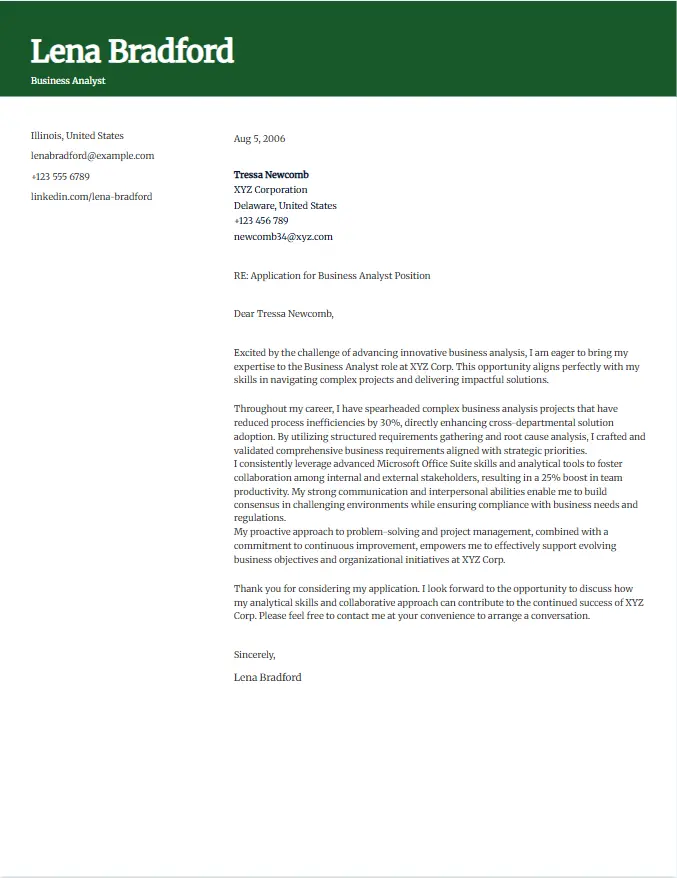 Cover letter example for business analyst
