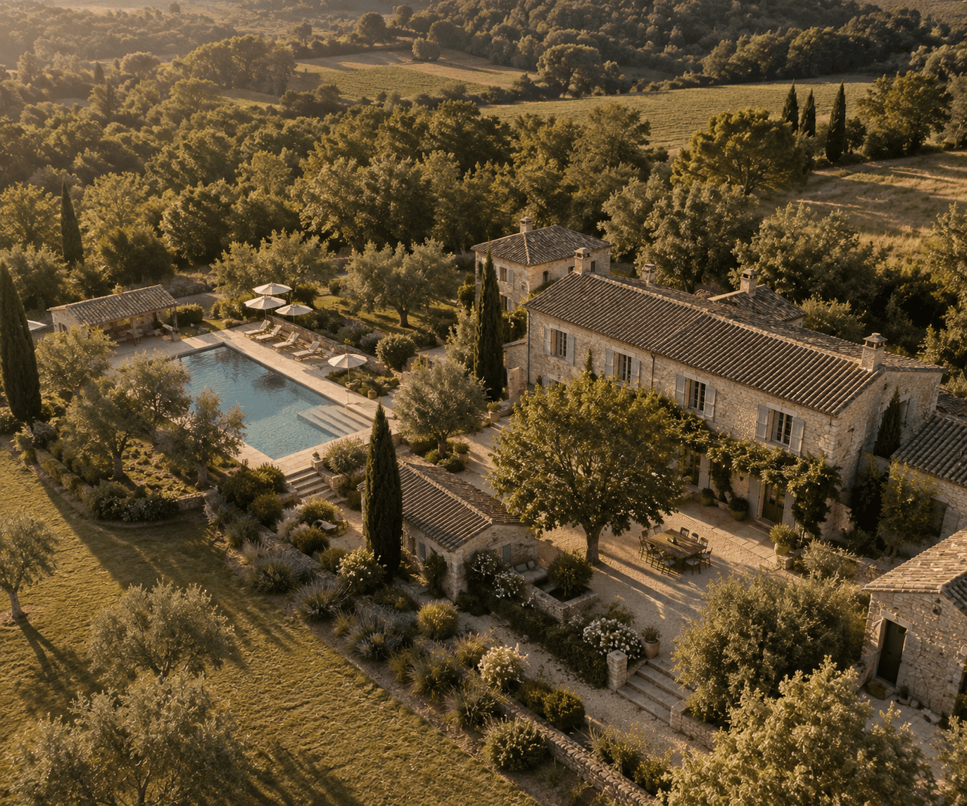 Serene stone swimming pool leading to an open stone building with arched doorways.