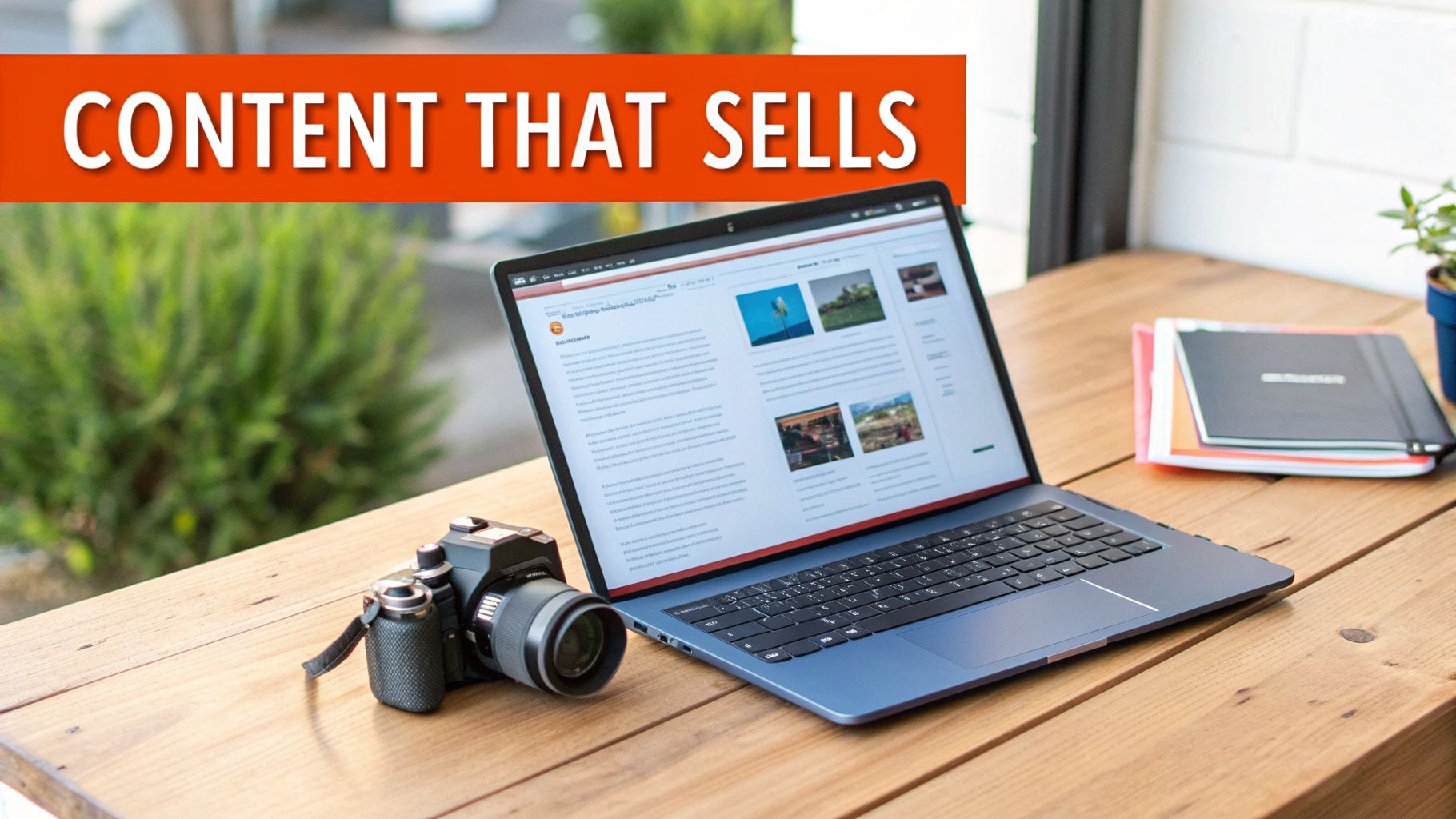 A laptop displaying a blog, a camera, and notebooks on a desk, representing content creation for sales.
