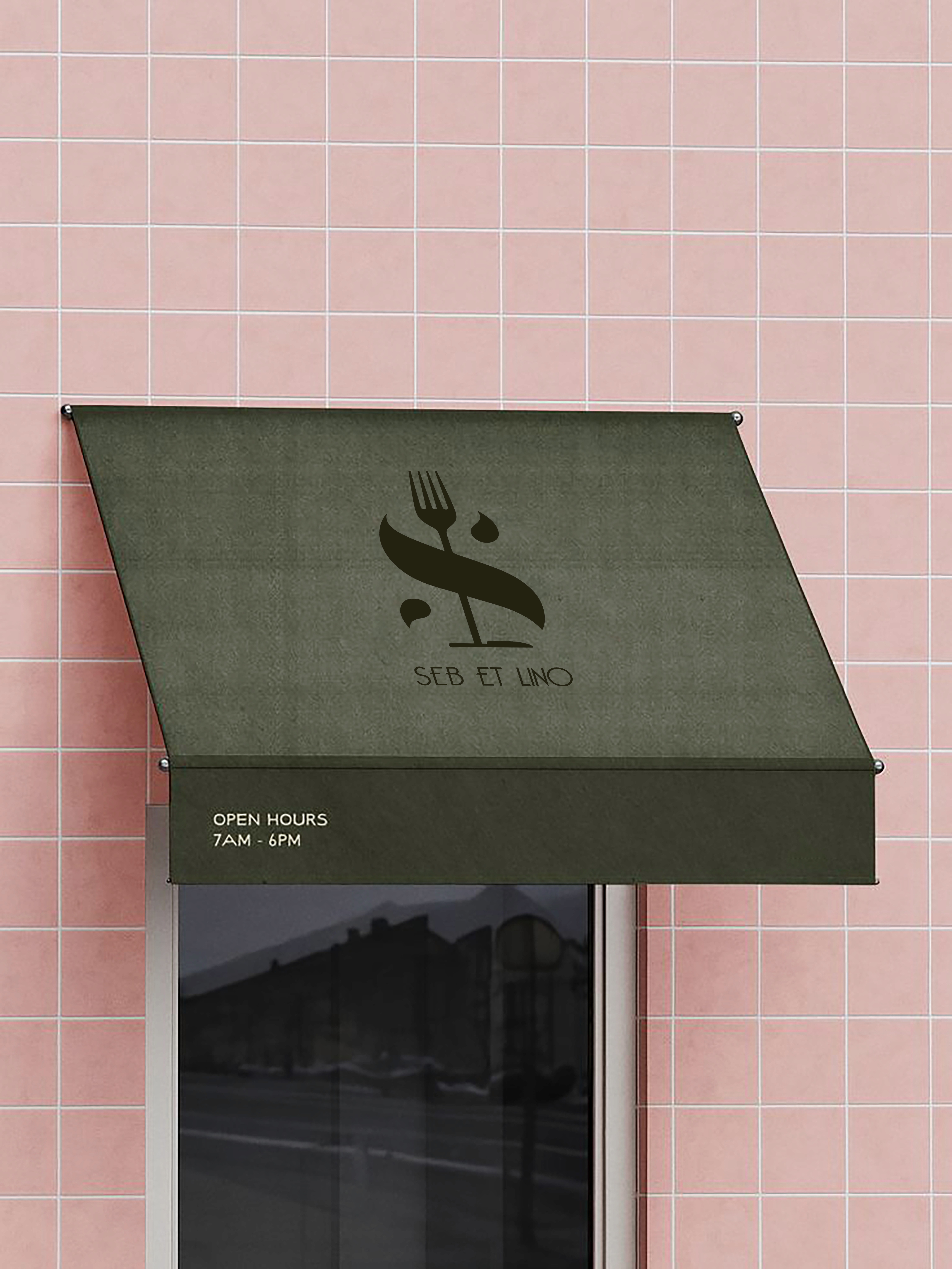 Seb & Lino branded menu cover in dark green on pink background