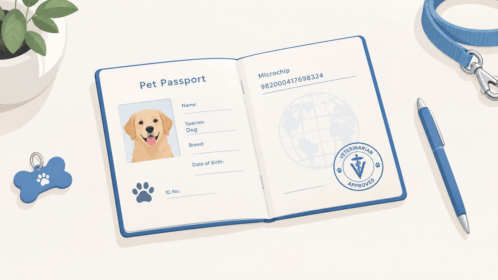 An open pet passport featuring a golden retriever photo, microchip number, and official veterinarian stamp on a desk.