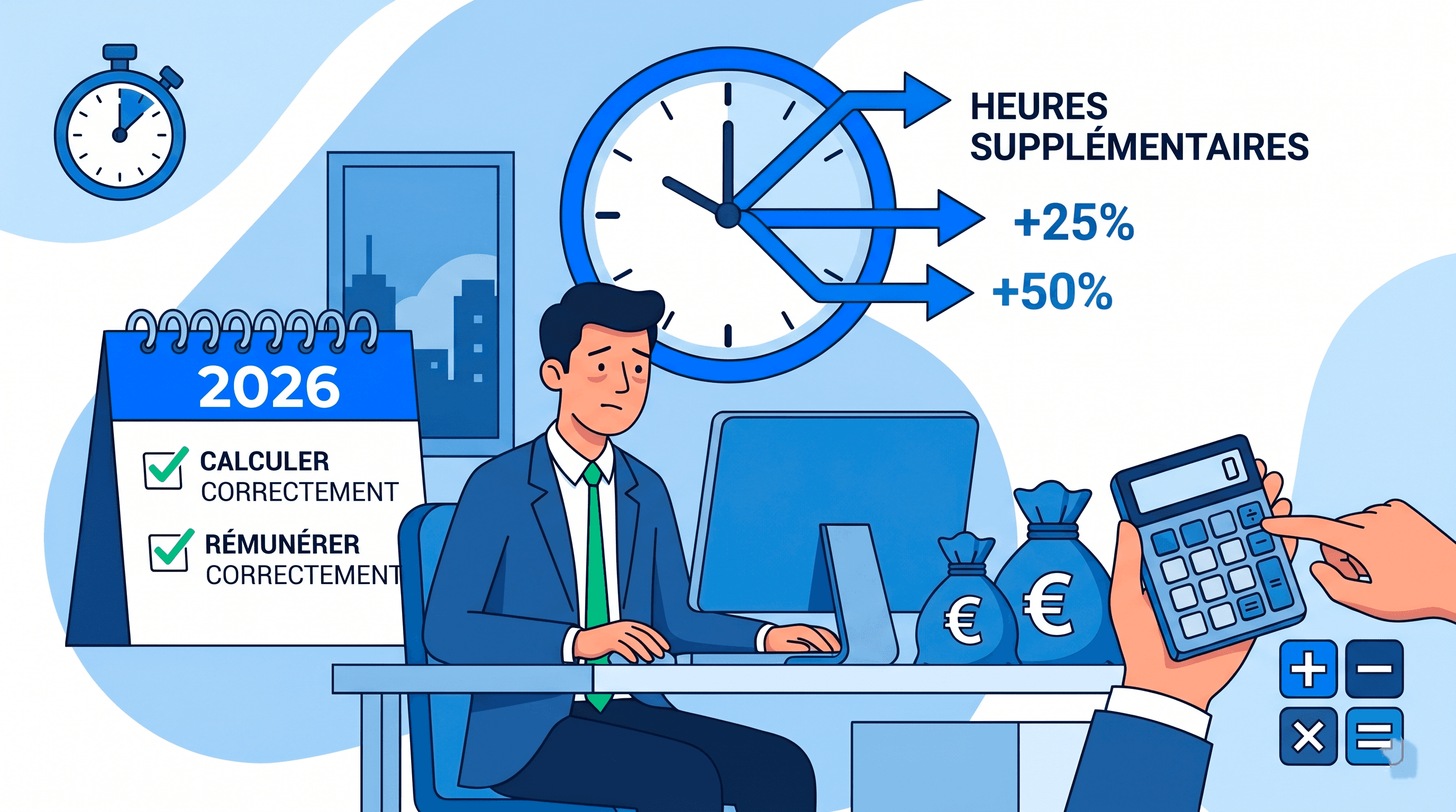 Illustration sur le calcul et la rémunération des heures supplémentaires en 2026 montrant un employé au bureau, une horloge avec des majorations de 25% et 50%, et une calculatrice.