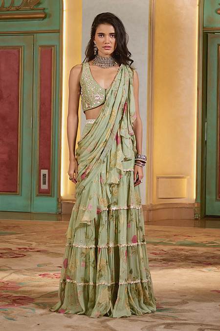 Sage green pre-draped chiffon ruffle saree set by Paulmi and Harsh, ₹46,800
