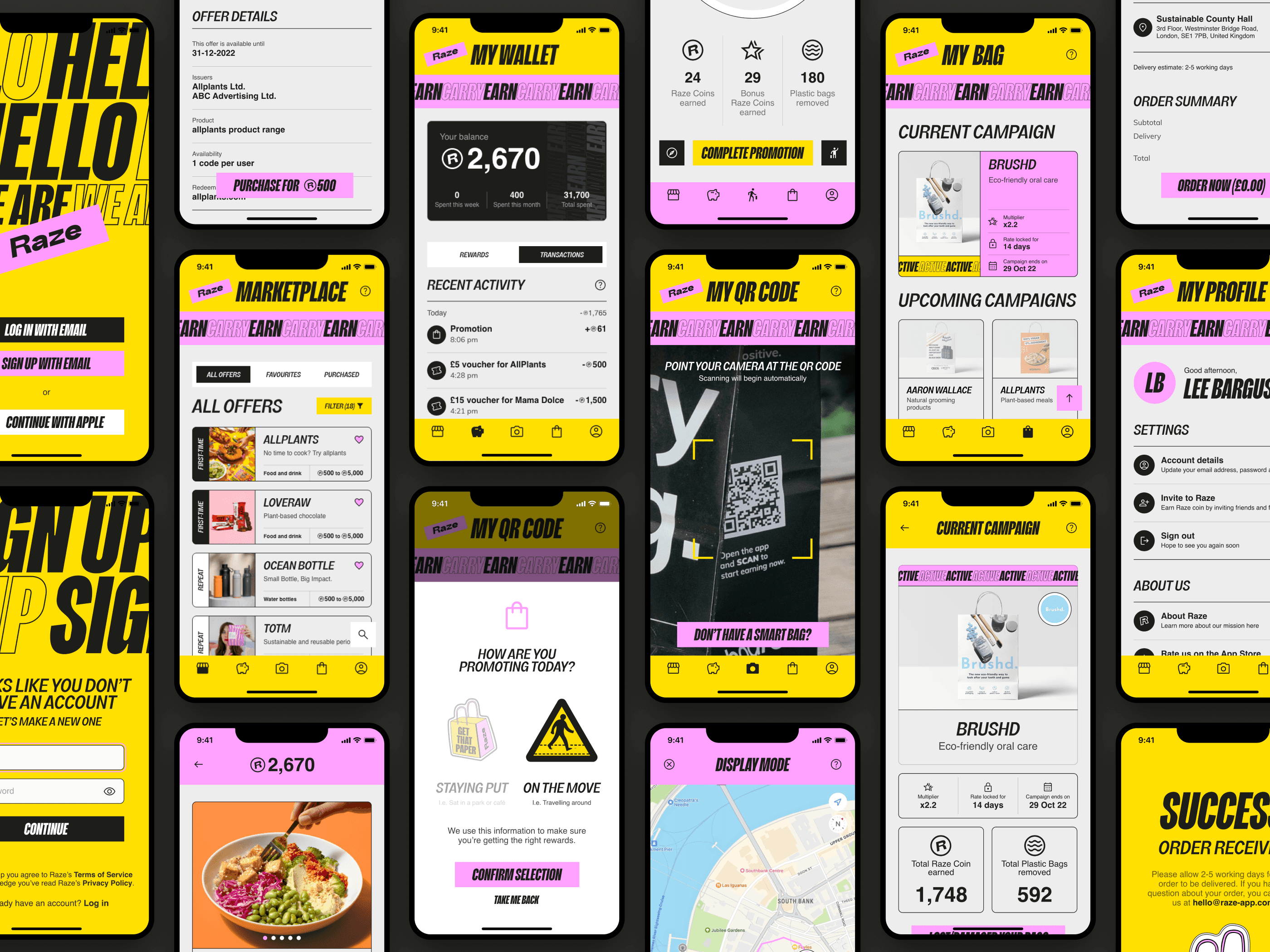 Mobile app screens displaying Marketplace, Wallet, Camera, Journey, Bag, Campaign, and Profile screens for Raze, a currency and voucher purchasing app