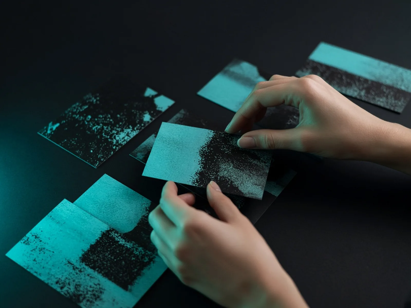 Mains d’une jeune femme rangeant des cartes turquoise et noires sur un bureau mat : atelier formation Nevalys