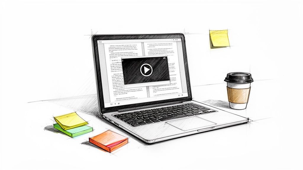 A detailed sketch of a laptop screen displaying a document with an embedded video player, alongside a coffee cup and colorful sticky notes.