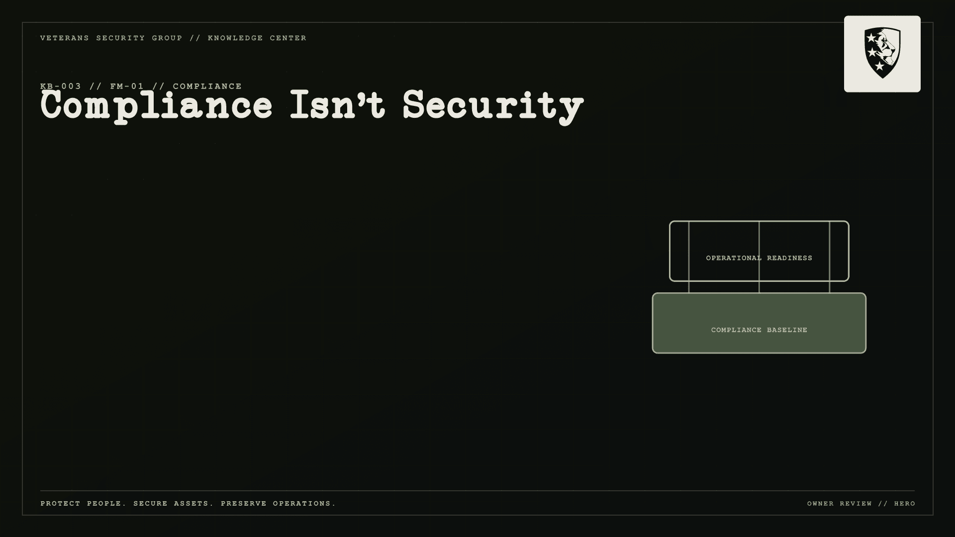VSG Knowledge Brief KB-003 cover contrasting a compliance baseline with operational readiness.