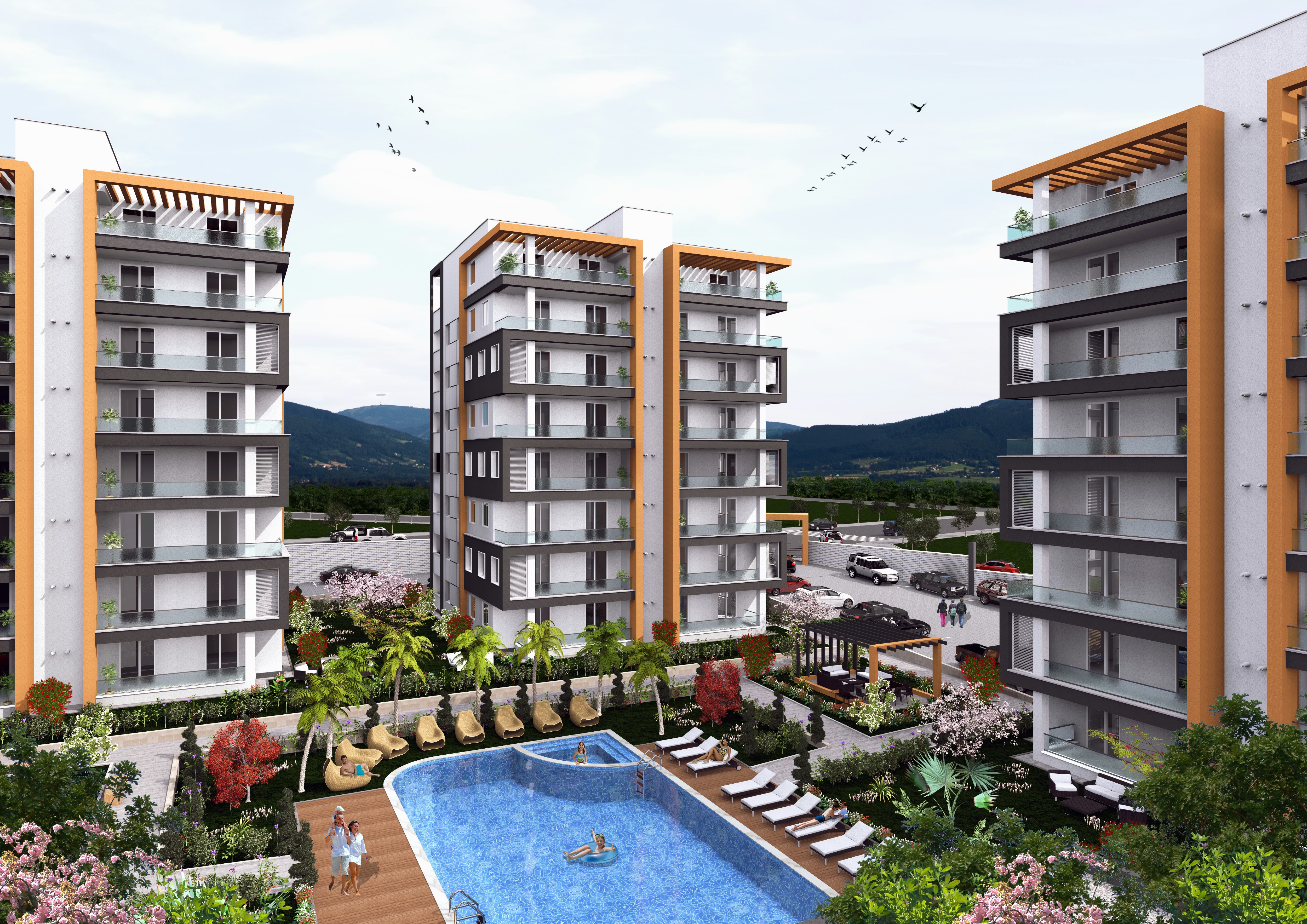 Suburban house with a two-car garage at twilight after a rain shower.