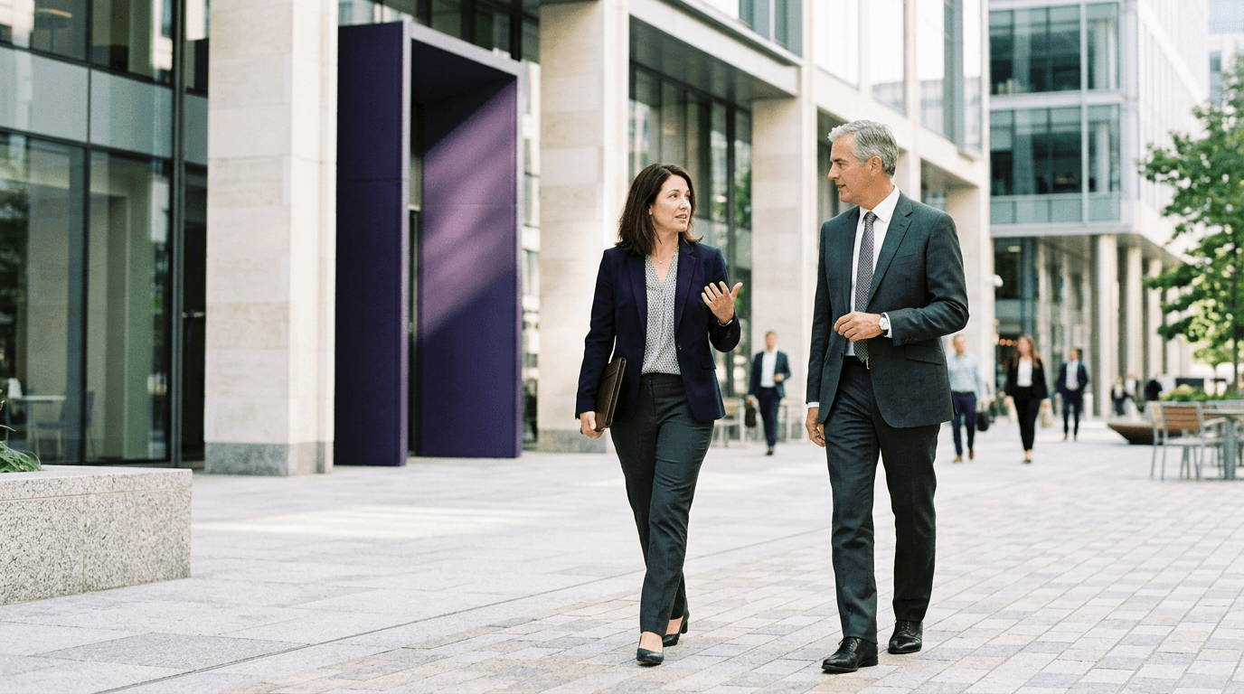 Communications executive and CEO walking across a corporate plaza in strategic conversation