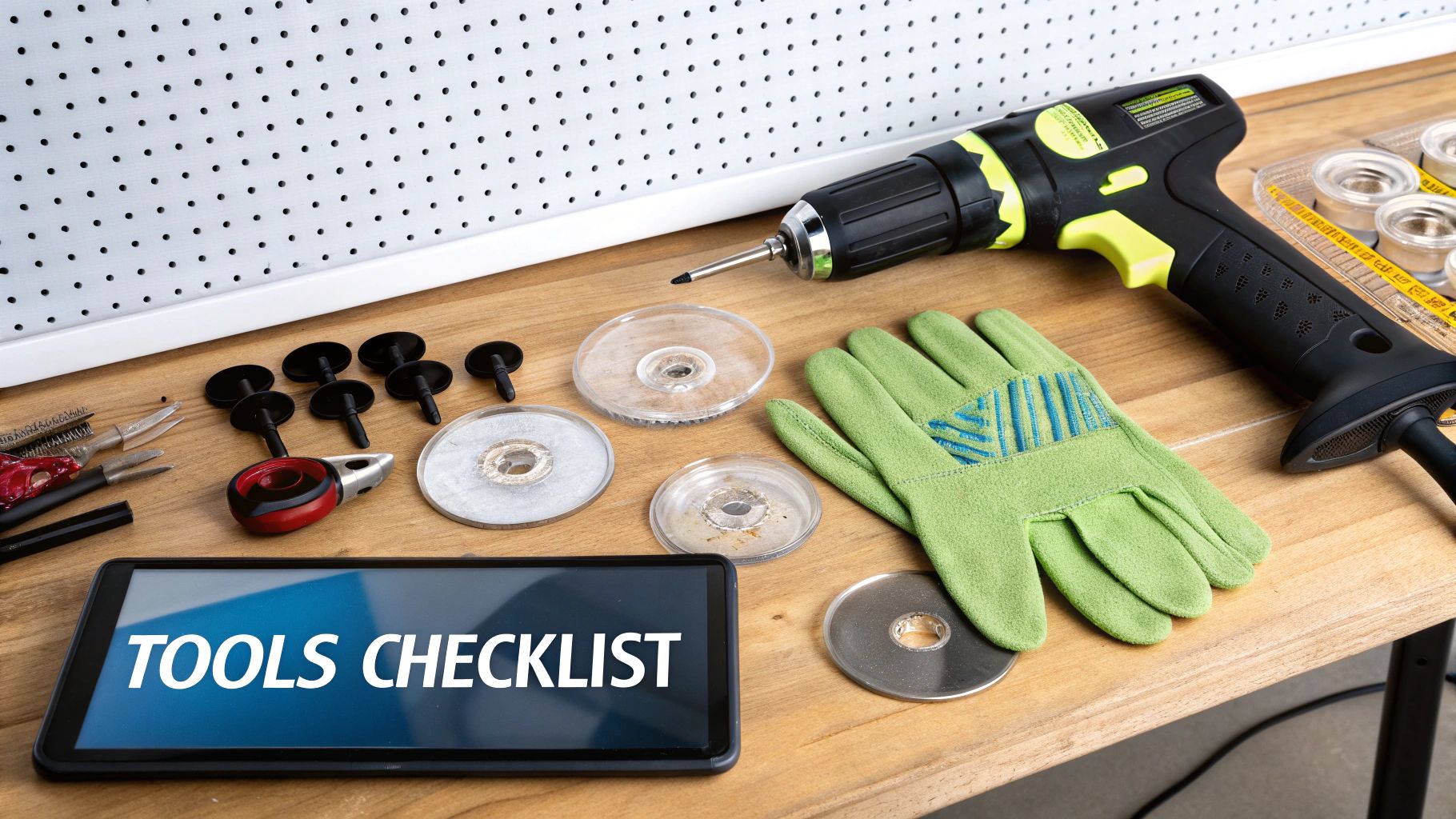 A collection of auto glass replacement tools laid out on a clean surface.
