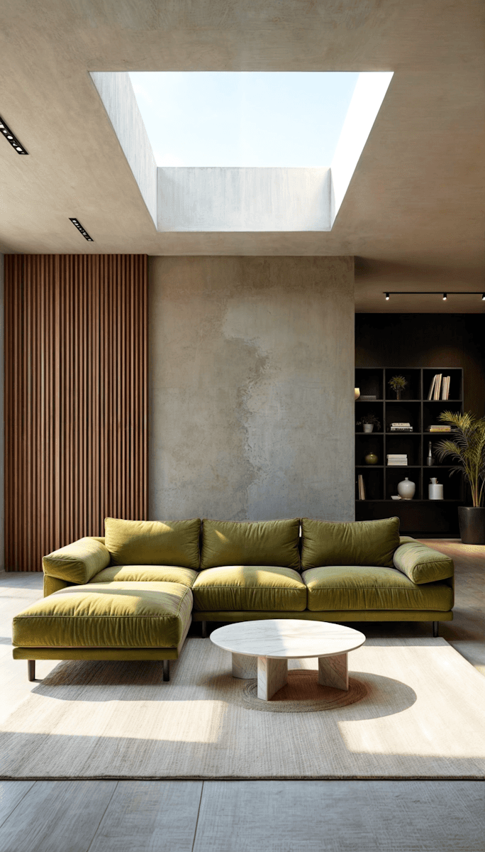 living room with a green sofa