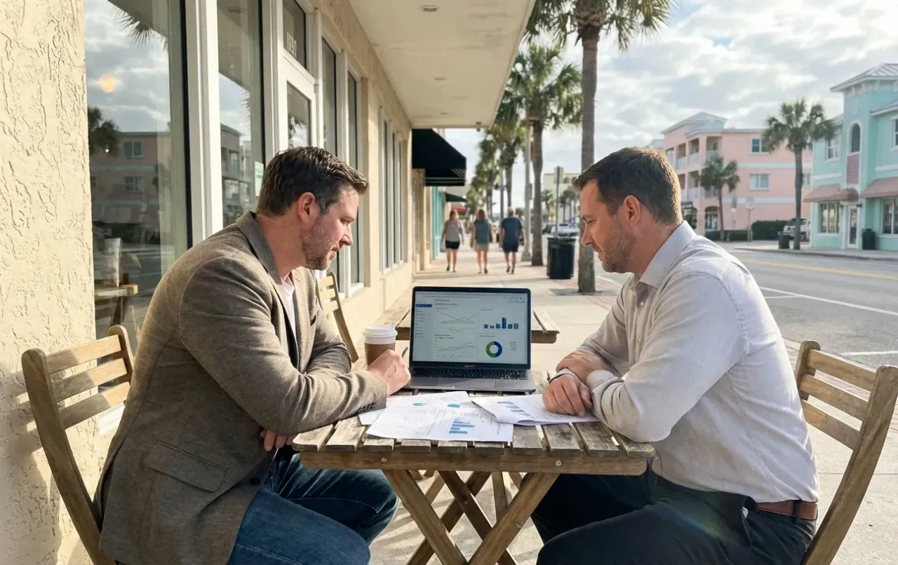 Outdoor meeting of RockN' Socials Digital Marketing Agency with analytics.