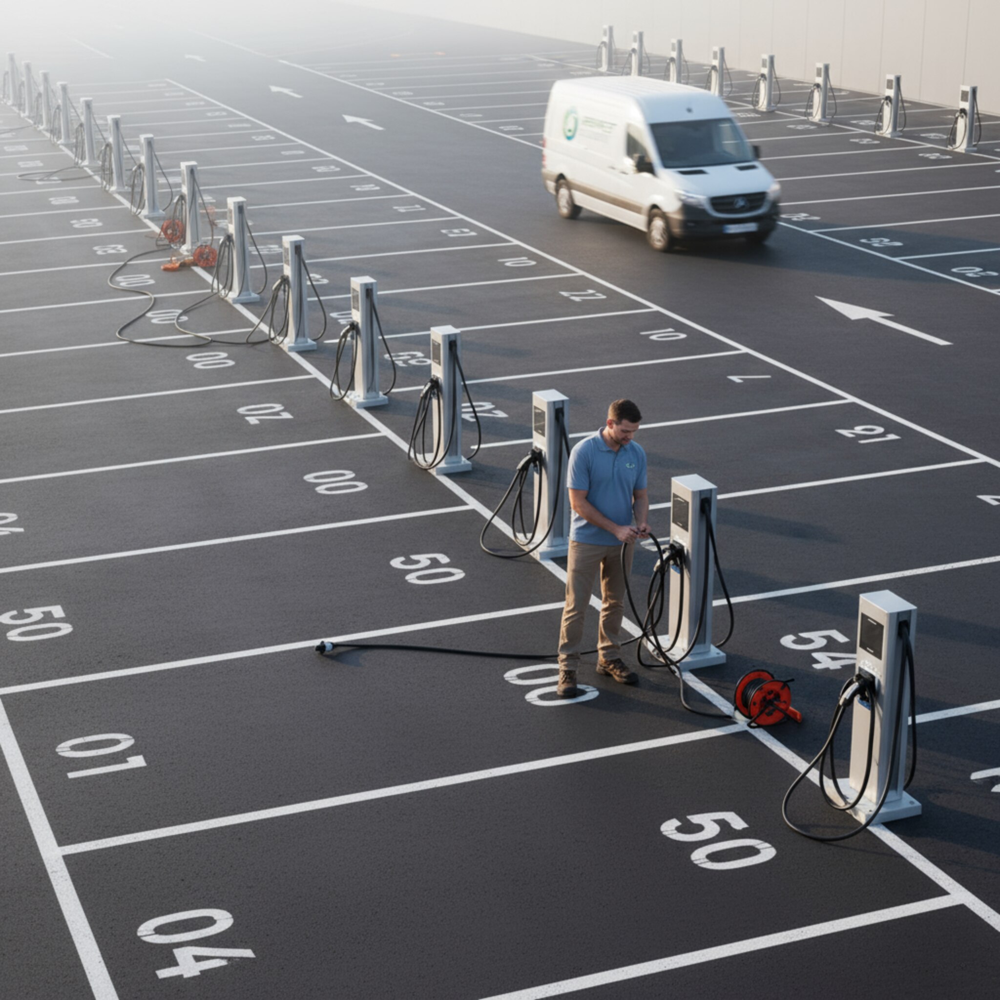 Ein Blick über ein Depot mit nummerierten Stellplätzen und mehreren Ladepunkten. Ein Mitarbeiter rollt ein Ladekabel auf, während ein Servicewagen langsam vorbeifährt. Lange Schlagschatten, klare Beschilderung und eine geordnete Fläche vermitteln planbare Abläufe und Verfügbarkeit.