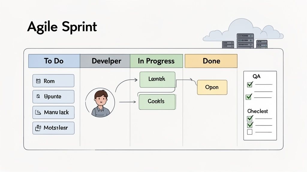 An Agile Sprint board illustrating the software development workflow with tasks moving from 'To Do' to 'Done'.