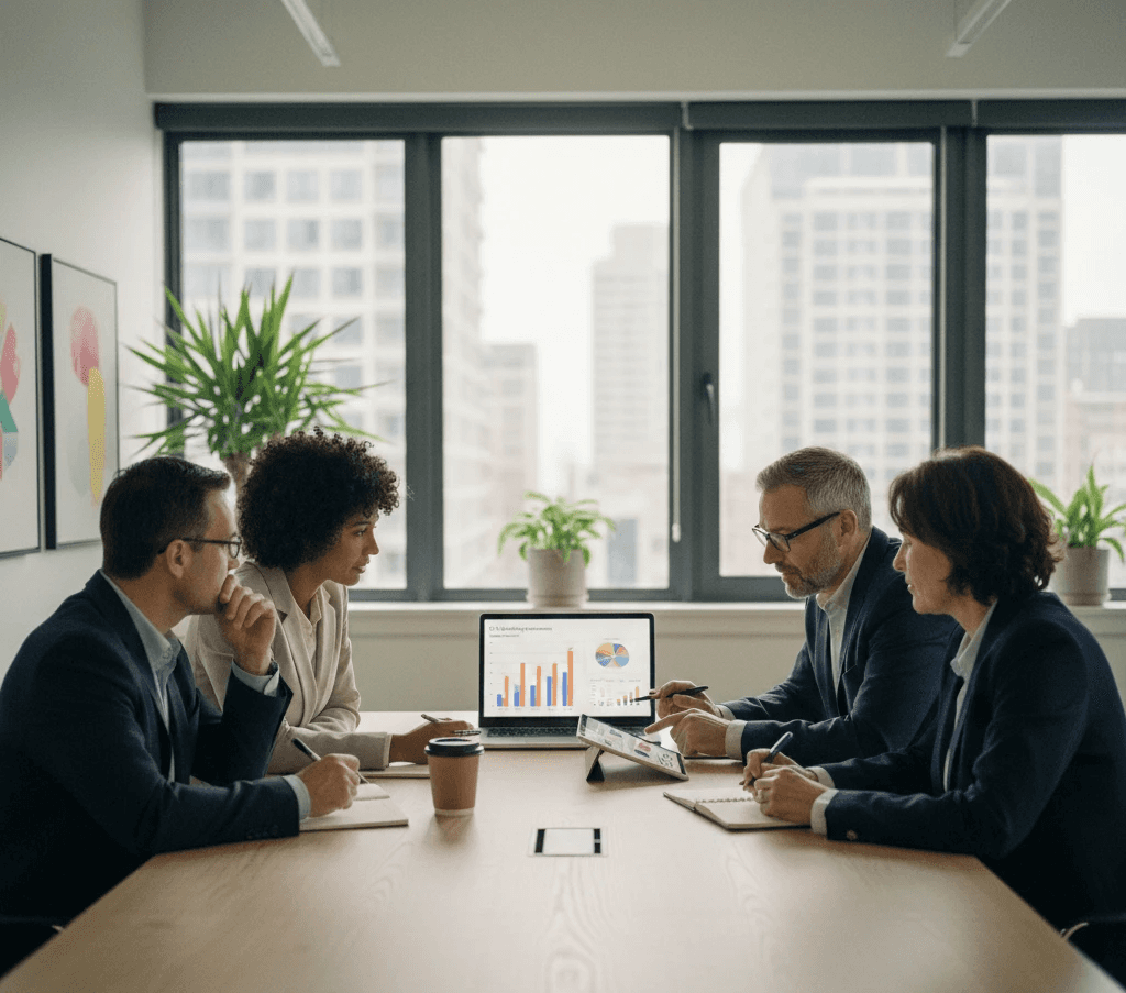 A diverse home care agency leadership team in their 40s and 50s gathered around a conference table, reviewing marketing performance charts on a laptop and discussing new outreach ideas, in a bright modern office.