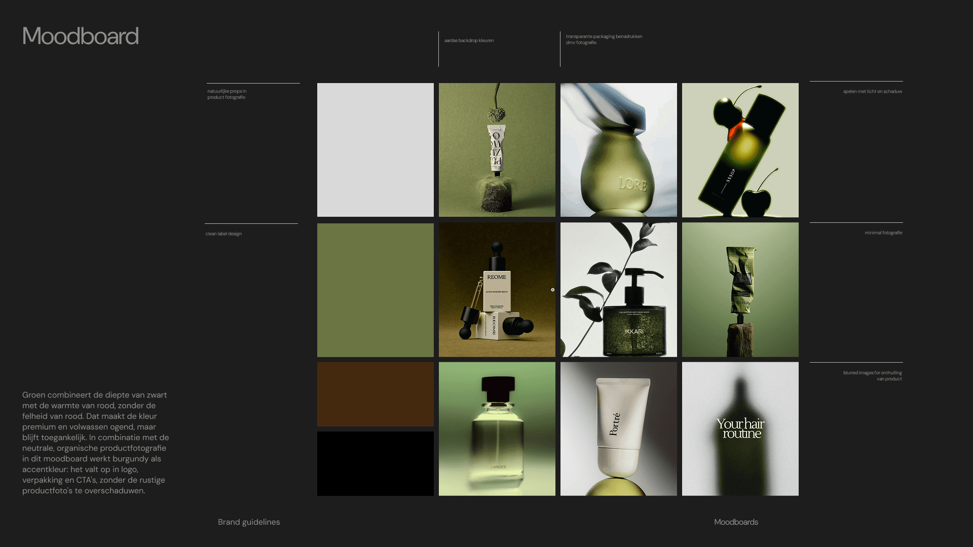 Moodboard met packaging fotografie in aarde en groene tinten