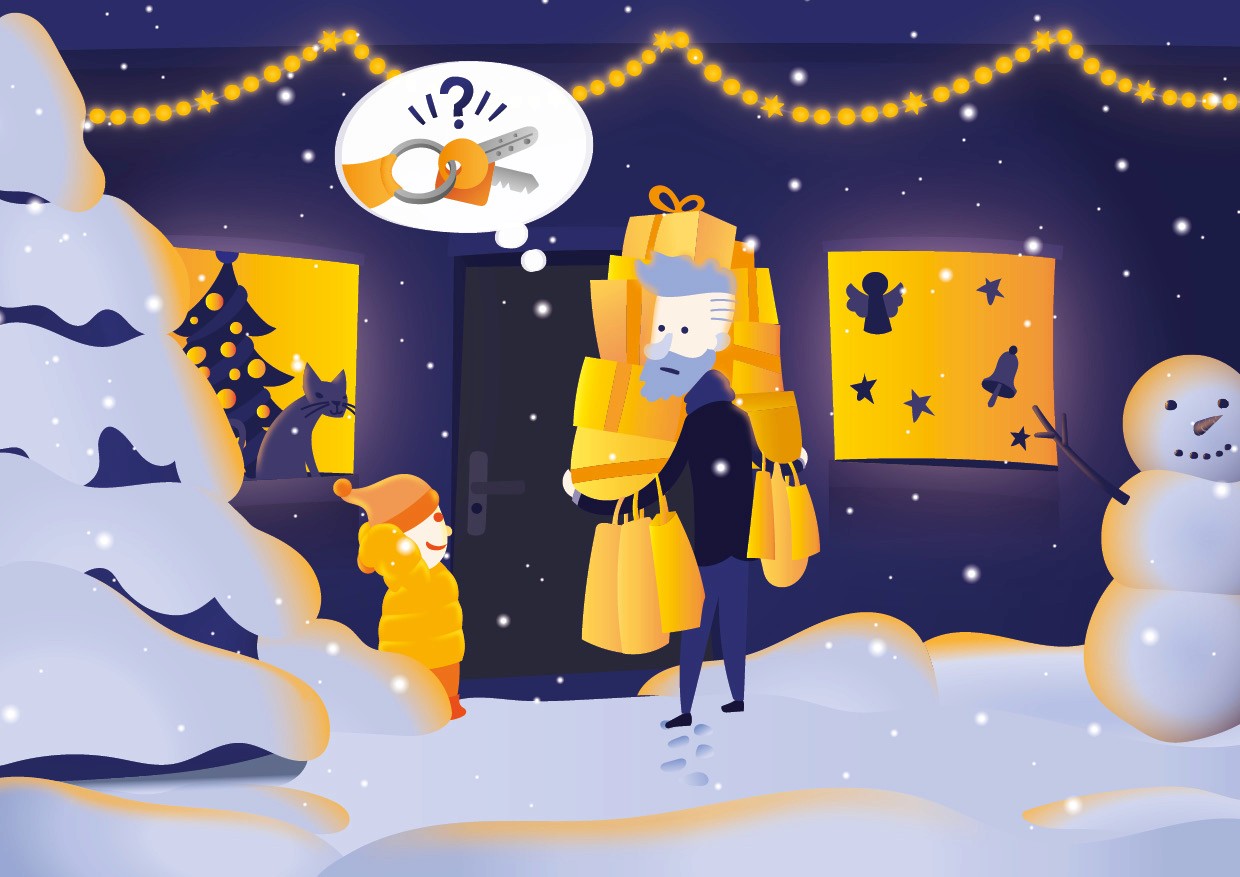 Illustration of a man with his boy waiting outside of the house at christmas, realizing he doesnt have the keys and it seems cold because there is snow outside.