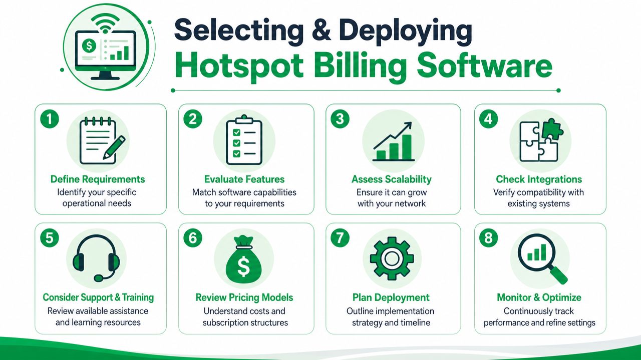 A professional infographic outlining eight key steps for selecting and deploying hotspot billing software for networks.