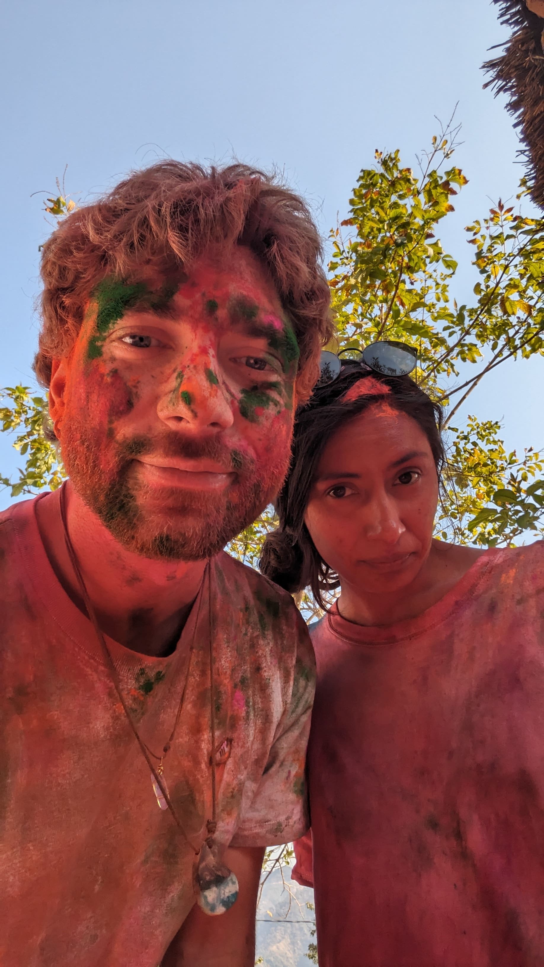 Pit and Gabriela during the second day of Holi festival of colors in Rishikesh, India