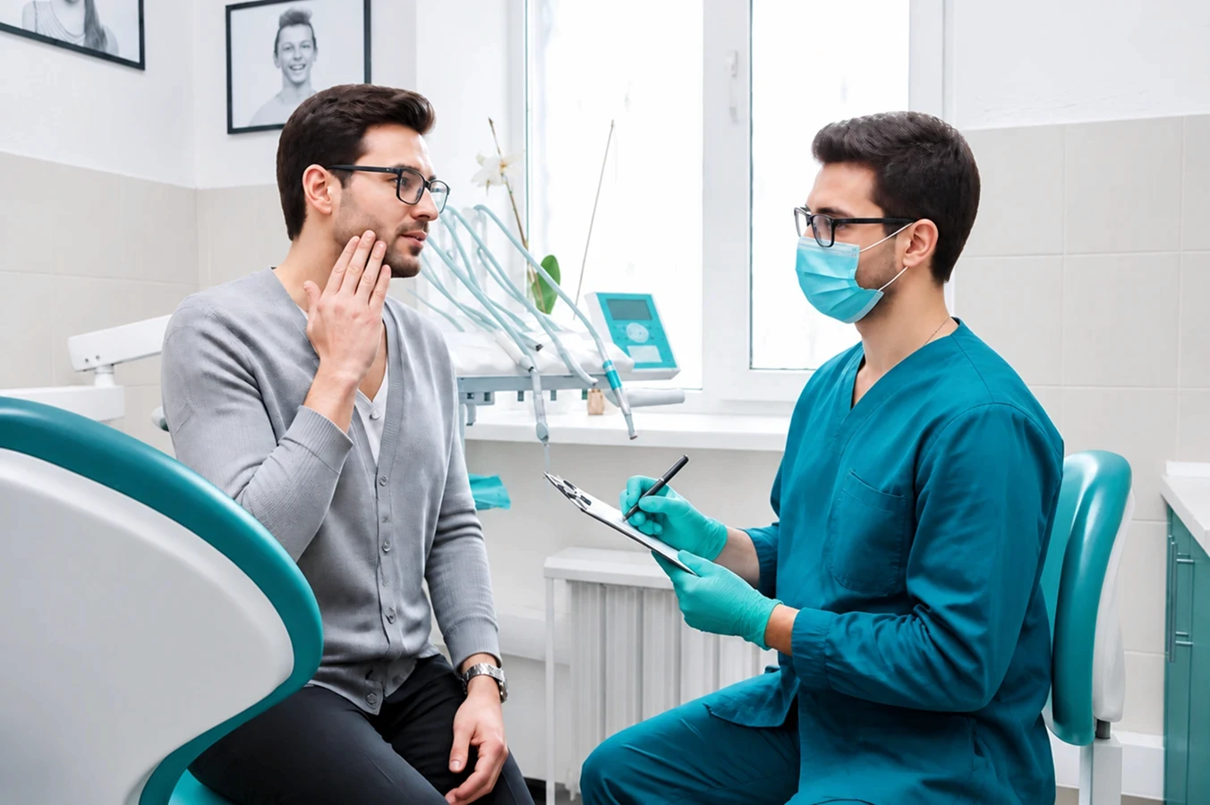 Dentist in protective face mask consulting with a patient seated in a modern dental office chair.