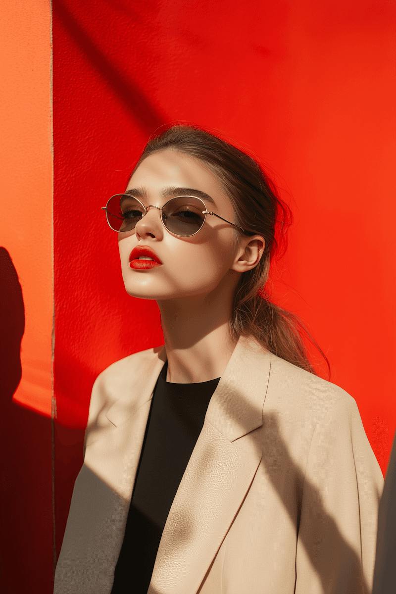 Woman in sunglasses poses against vibrant red background, wearing a beige blazer and black top. Sunlight casts dynamic shadows, creating a stylish, confident mood.