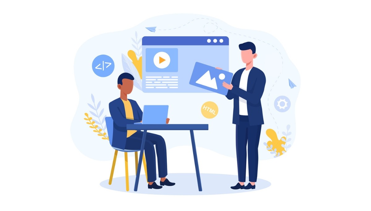 Illustration of two people collaborating on web design, with a large screen displaying multimedia elements and HTML code.