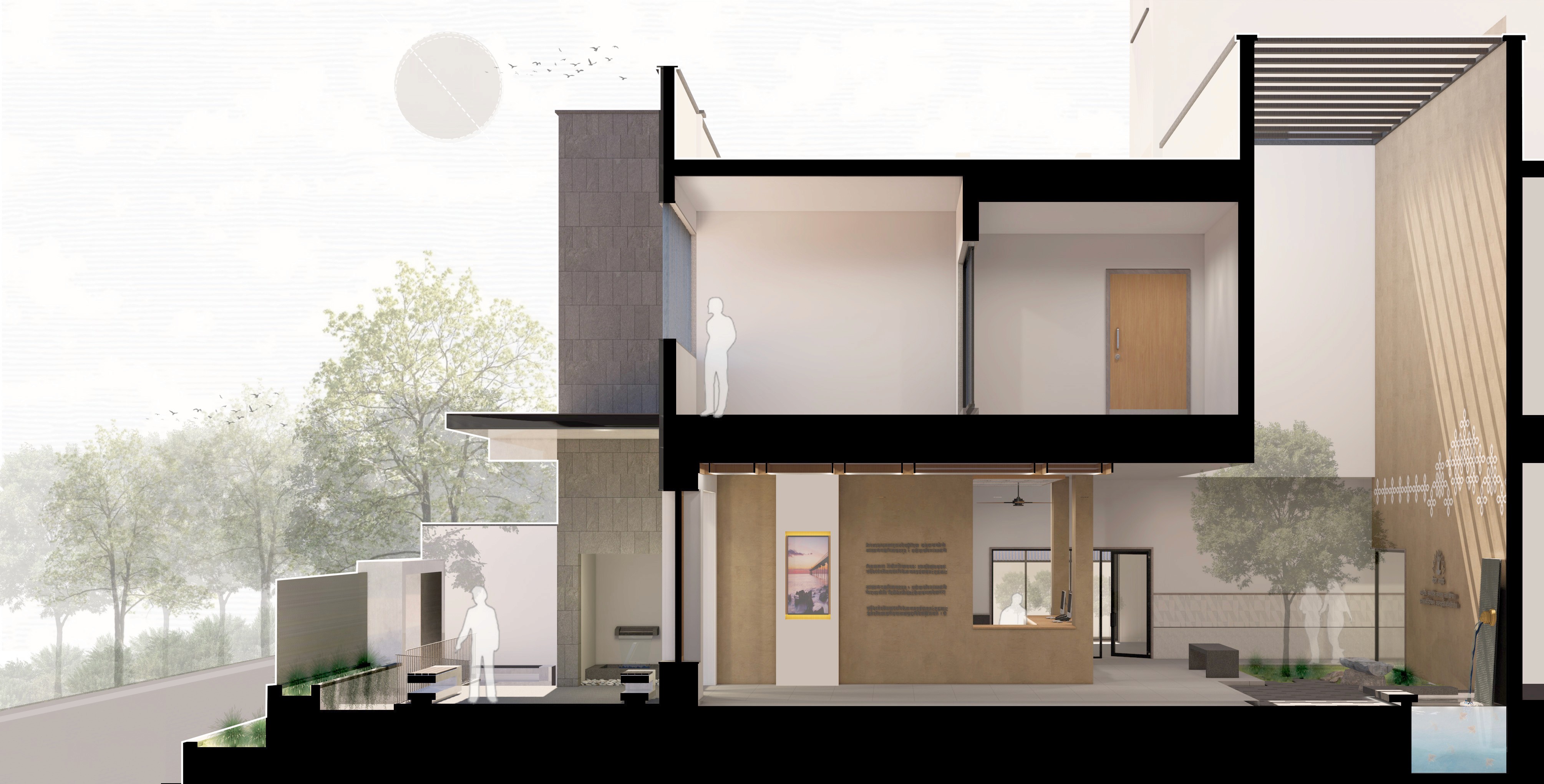 Vedansh Ayurveda, Malkapur – sectional drawing through waiting area and double-height courtyard, designed by Rooted Narratives, Bengaluru.