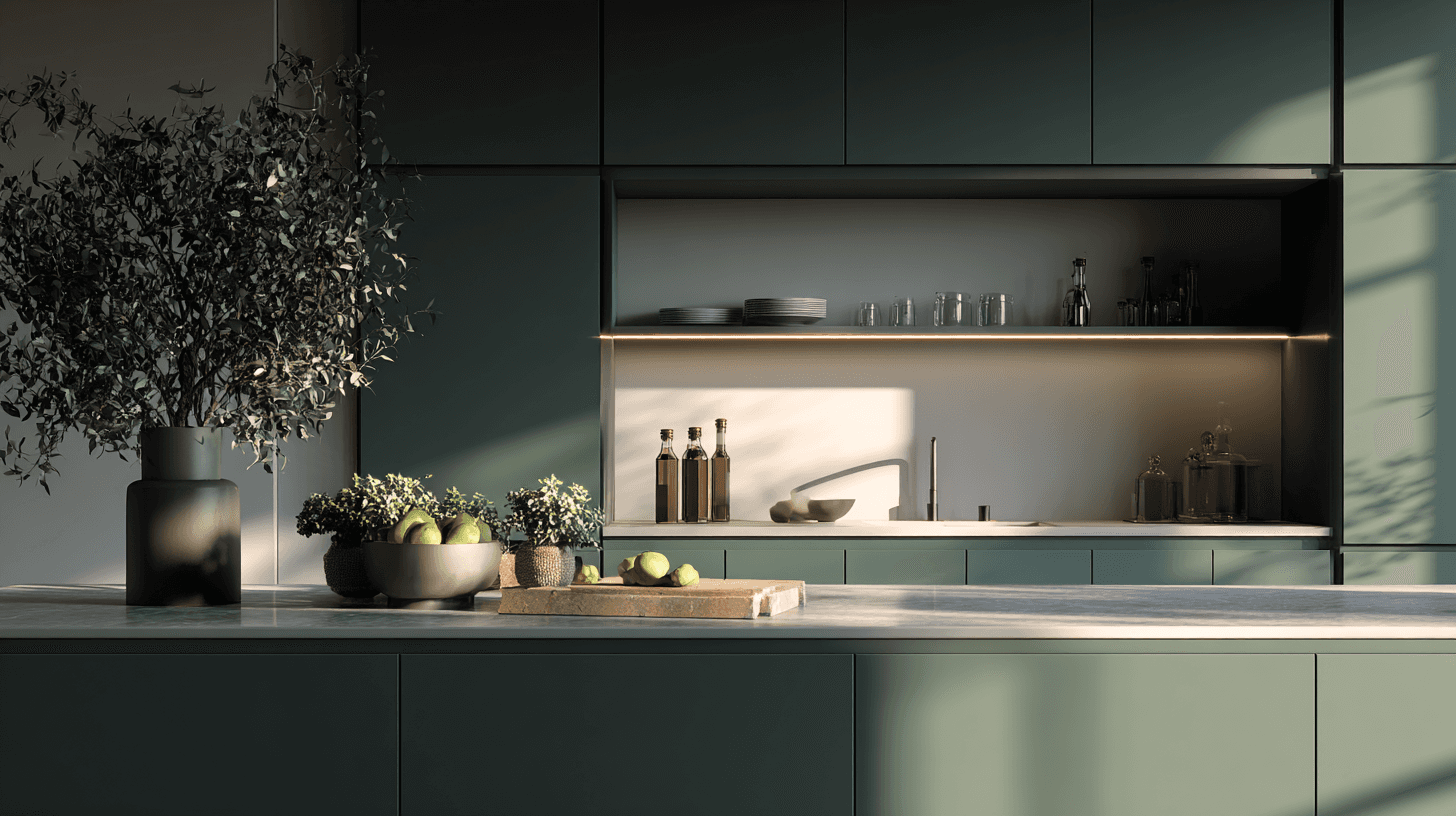 Clean, modern kitchen, green vibe