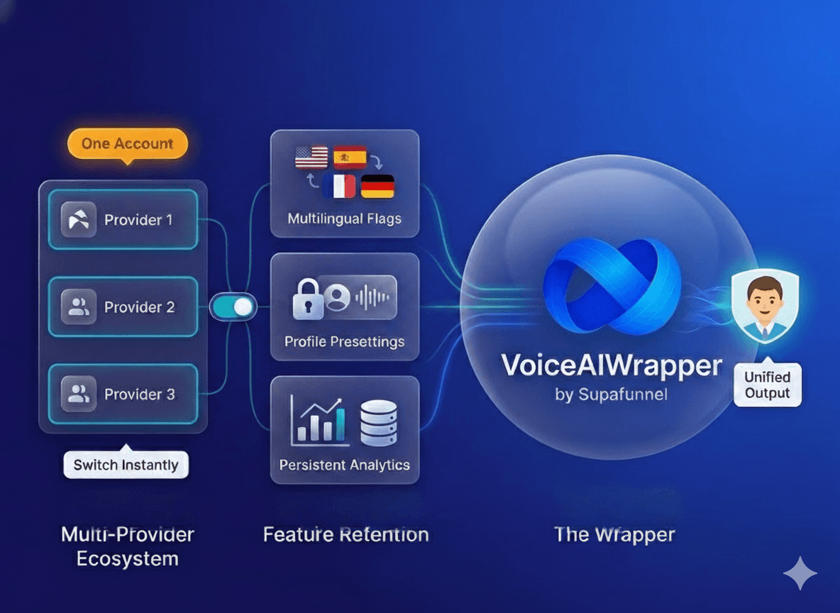 Multi-provider voice AI ecosystem with instant switching, multilingual support, profile presettings, and persistent analytics flowing into unified output | VoiceAIWrapper.