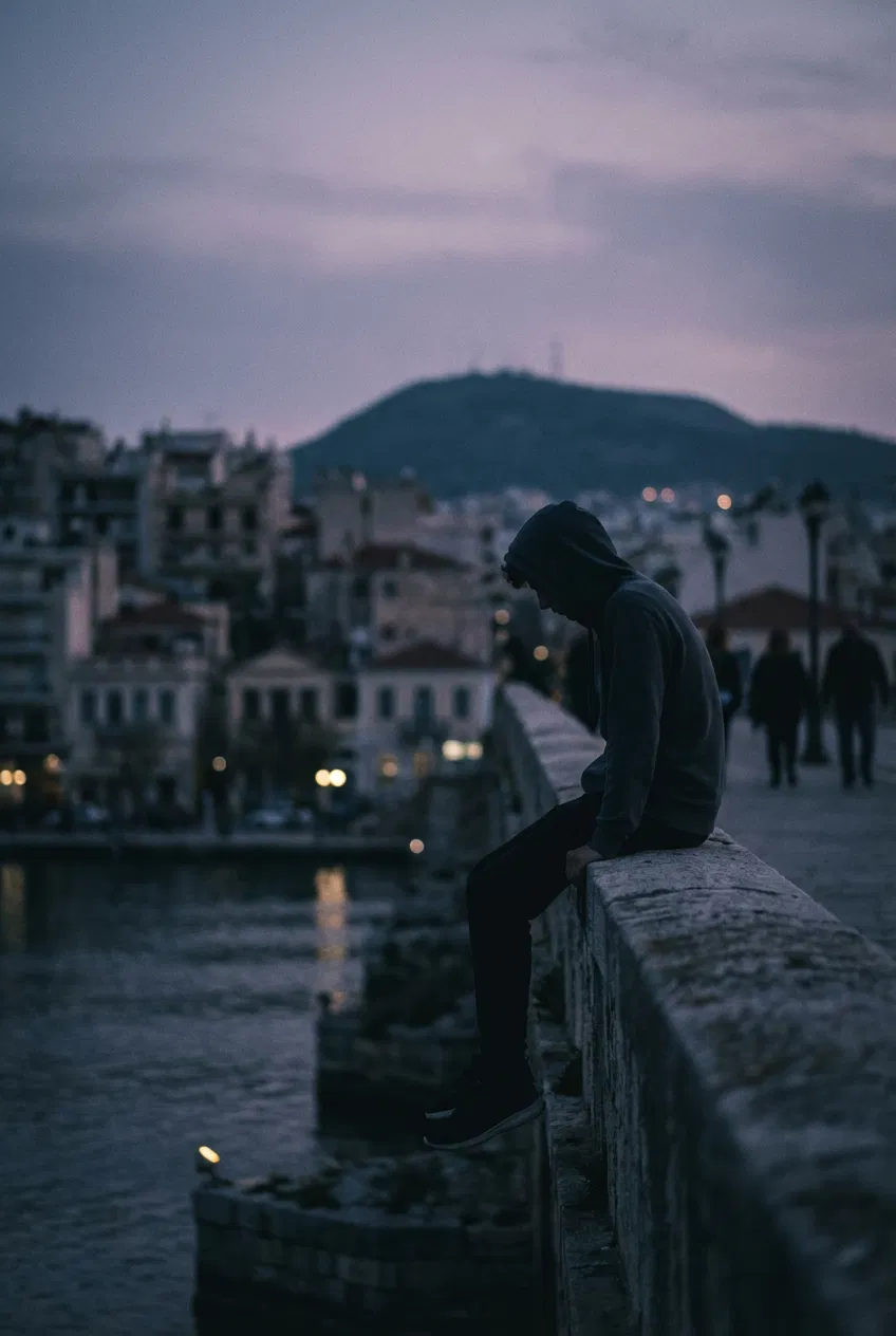 Silhouette of a lonely teenager near a bridge, symbolising bullying in Greece
