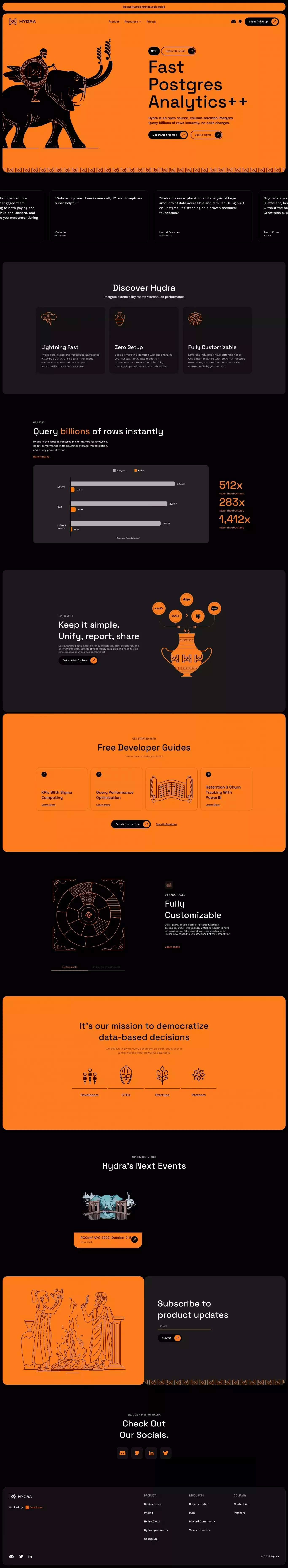 Hydra - Fast Postgres Analytics ++ landing page screenshot showcasing Tech design