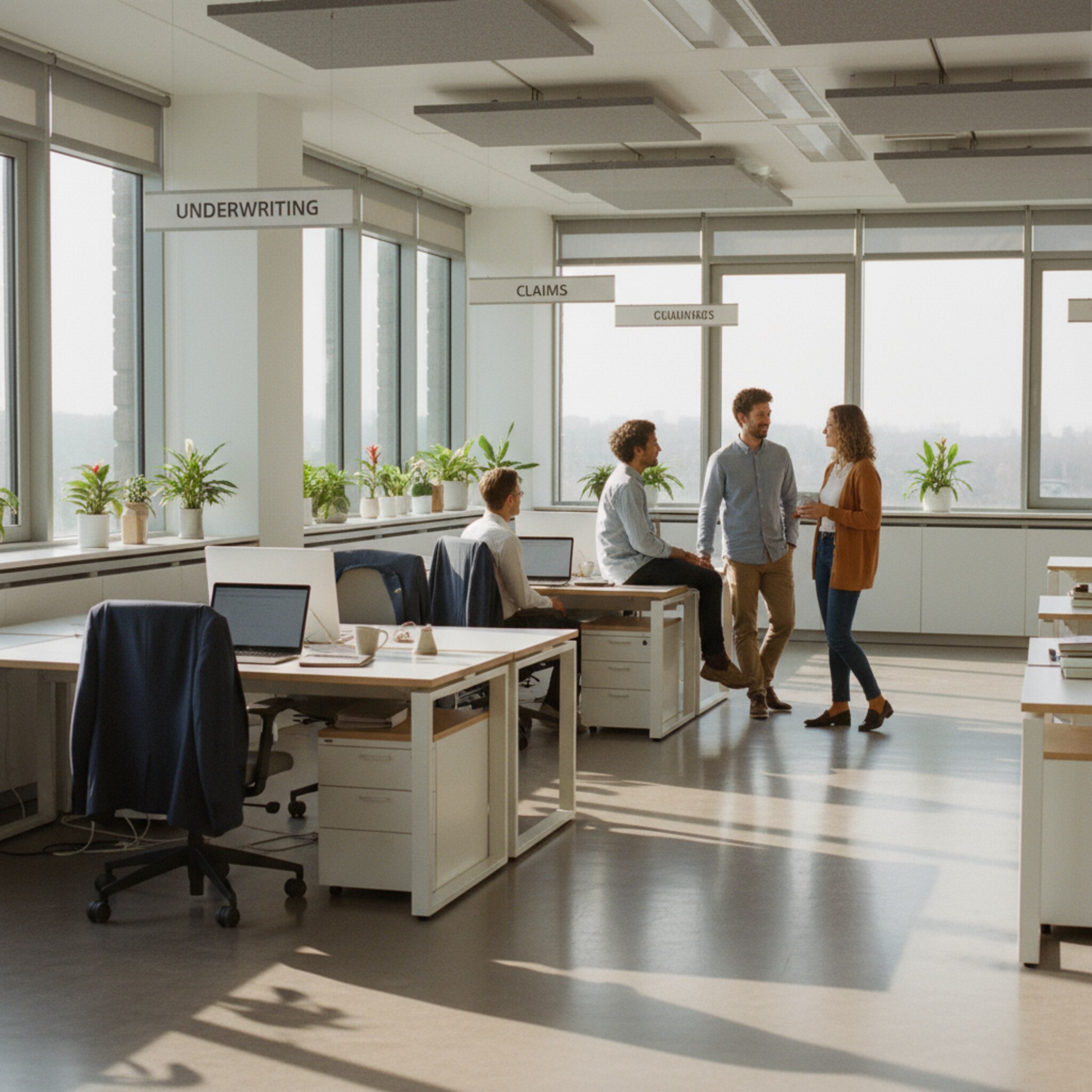 Morgensonne fällt durch hohe Fenster in ein ruhiges Großraumbüro einer Versicherung. Zwischen hellen Schreibtischen hängen dezente Zonenschilder, eine kleine Gruppe aus Underwriting und Claims winkt sich zu. Jacken an den Stuhllehnen, aufgeräumte Tische, leise Gespräche. Die Atmosphäre wirkt fokussiert und geordnet.