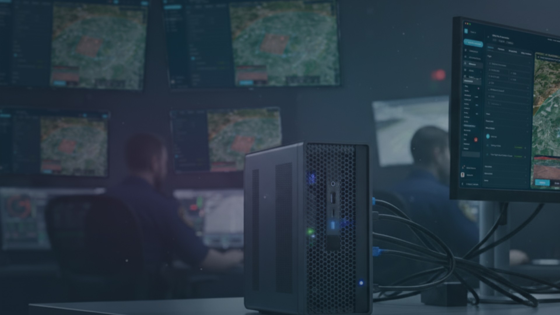 eine Übersicht über die Installation vor Ort in einem Drohnen-Kommandozentrum, um die Missionskontrolle zu sichern